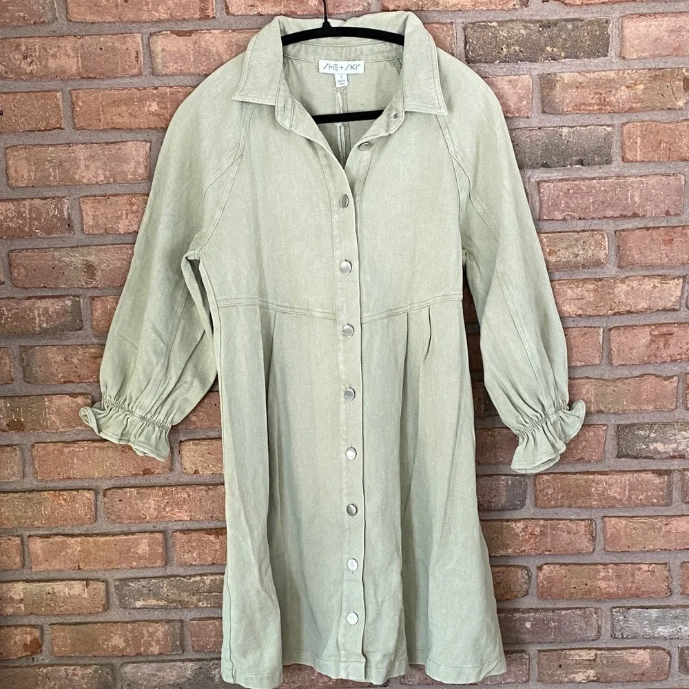 She + Sky Olive Green Denim Dress - Picture 3 of 11